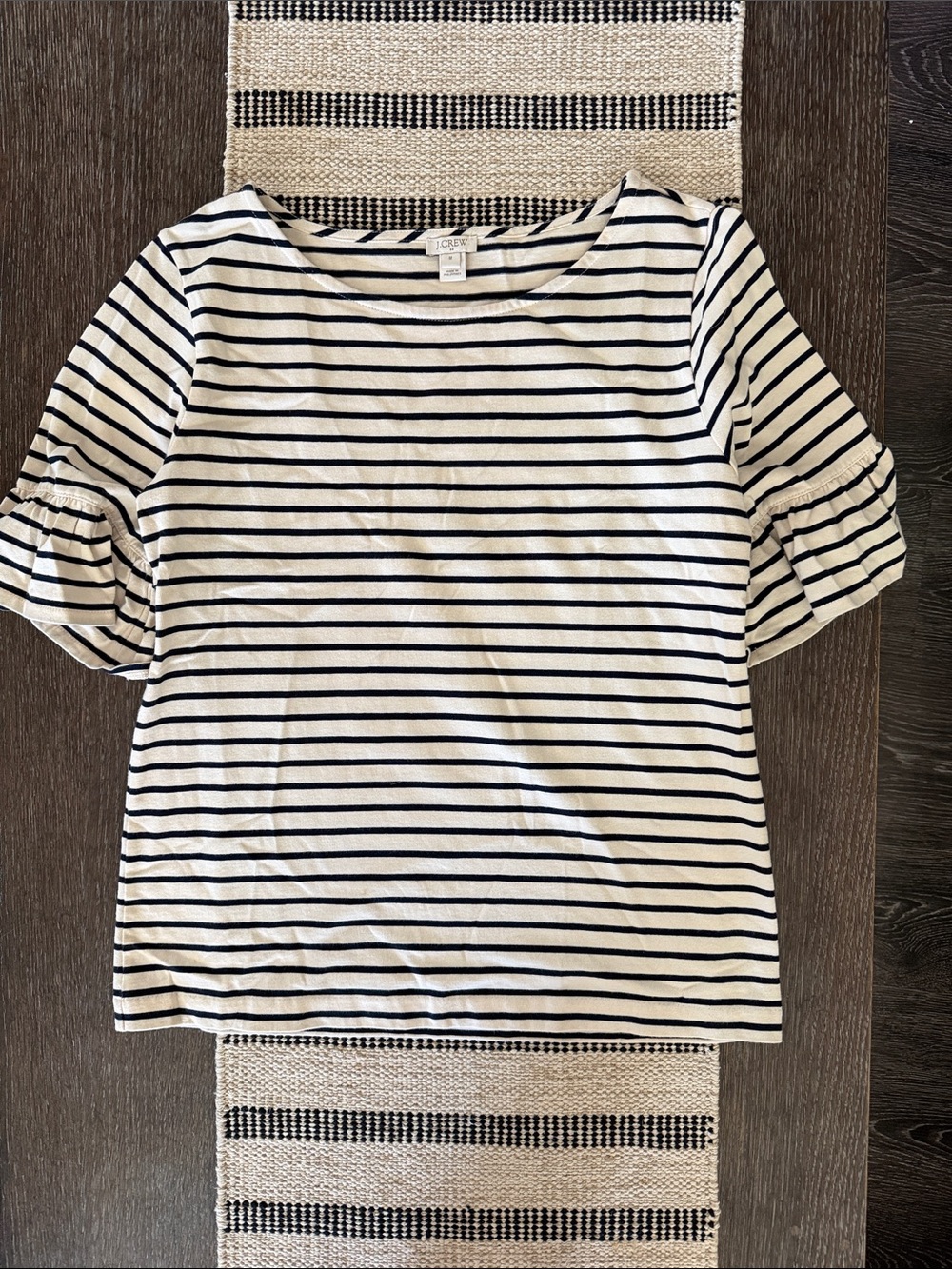 J. Crew Off White & Navy Stripe Short Ruffle Sleeve Tee